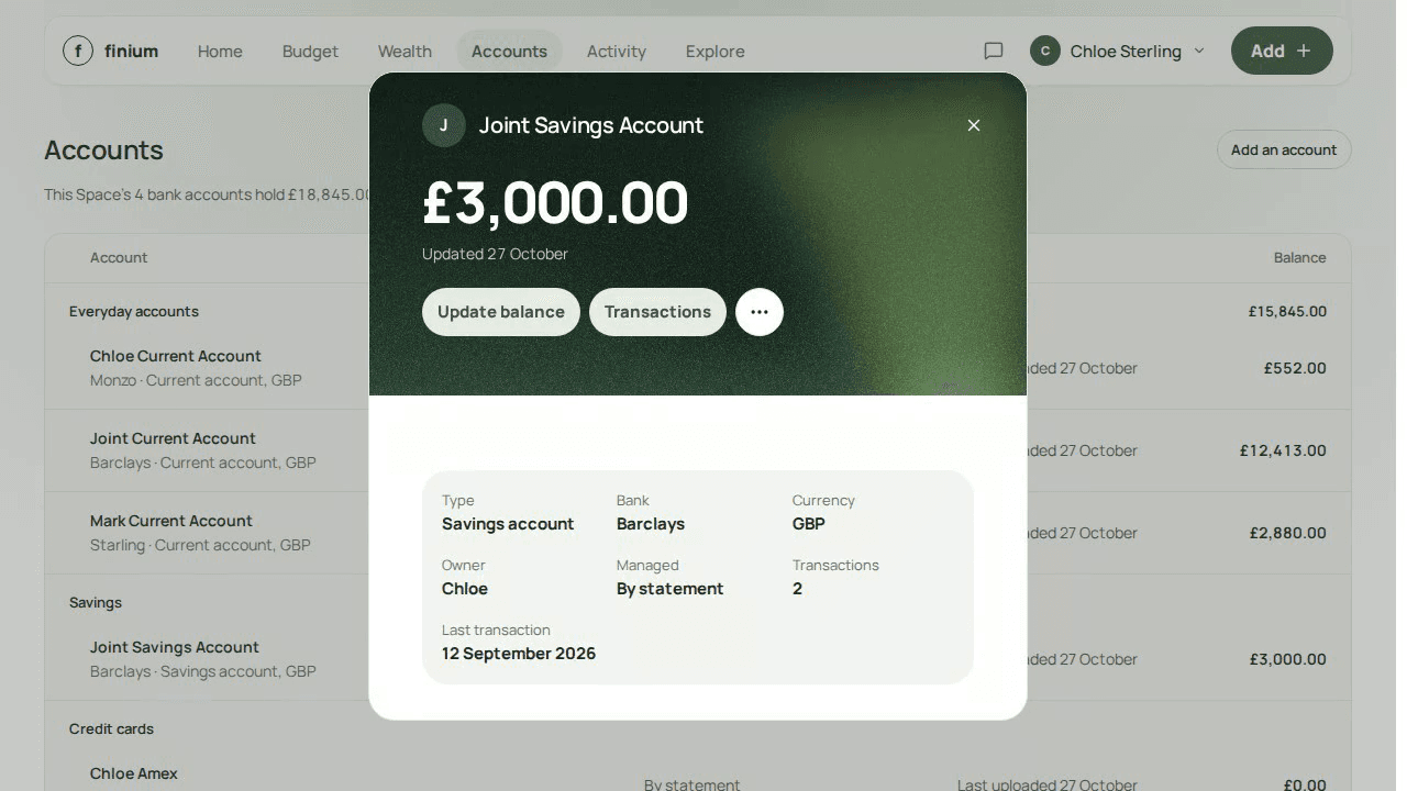 A statement uploaded to Finium: the Joint Savings Account's statements, none yet, then its statement read — 2 payments in, a closing balance of £3,000.00 — and the account showing its 2 transactions.