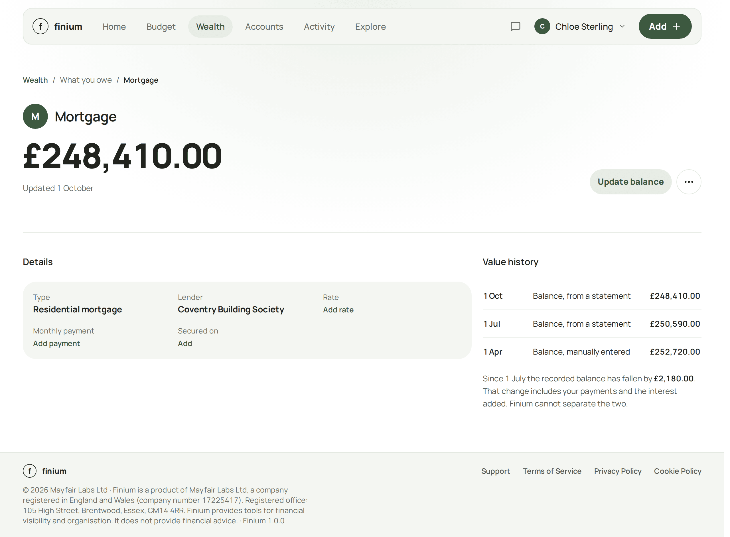 A mortgage record in Finium, where the monthly payment and what secures it read Add: nothing was given yet.