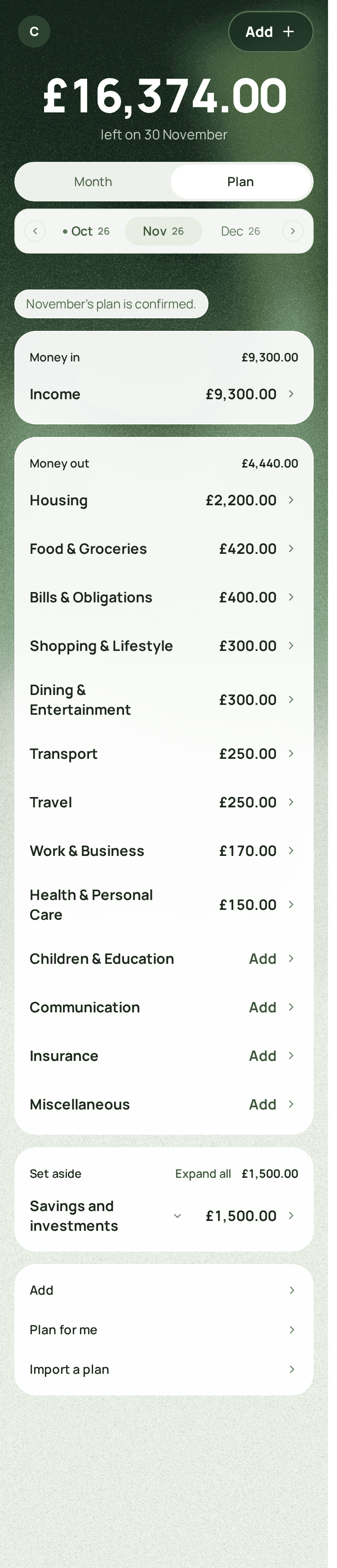 Finium’s Plan for November: £16,374.00 left on 30 November.
