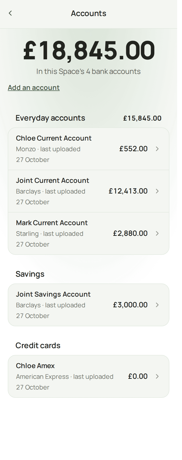 Finium’s Accounts on a phone: each account with the day it was last uploaded.