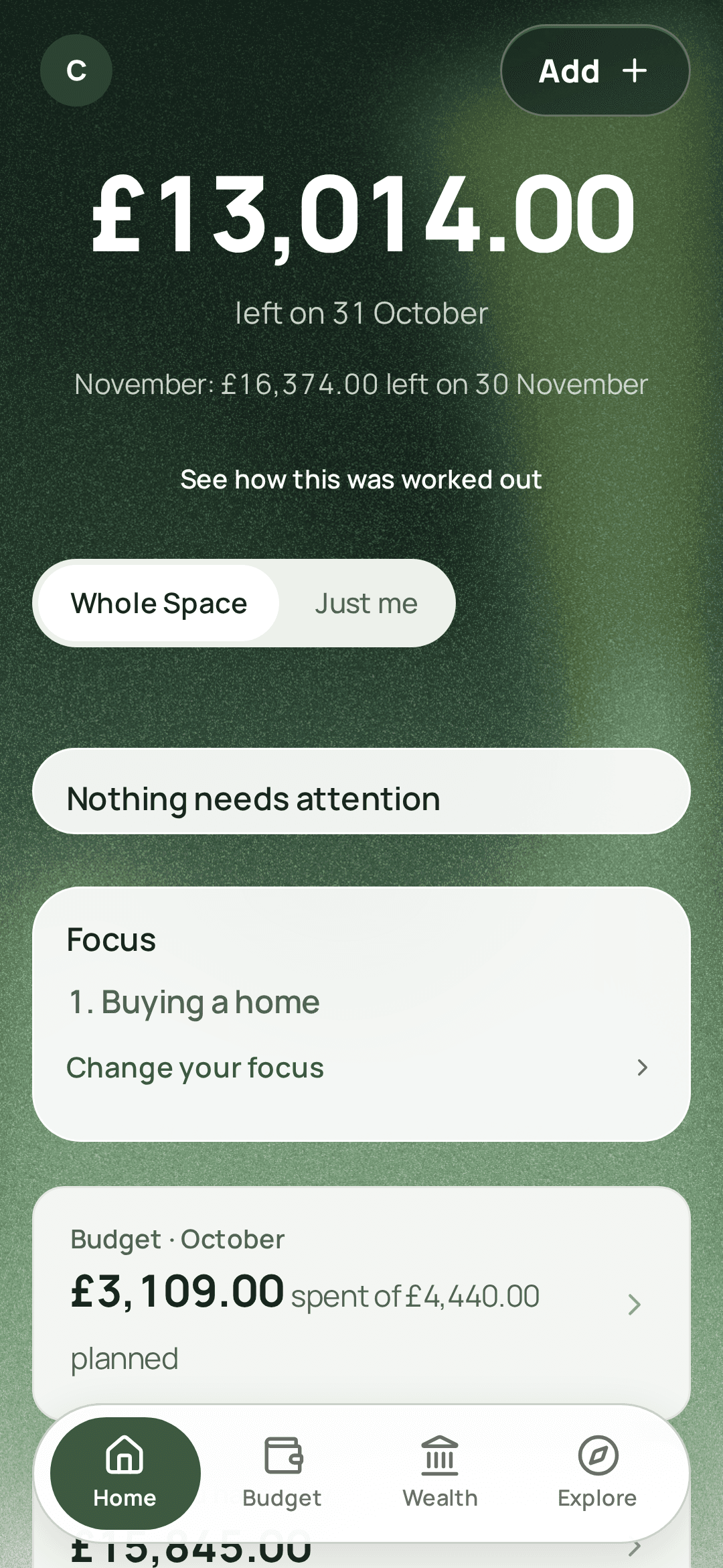 Finium's Home on a phone: £13,014.00 left on 31 October, November's £16,374.00 beneath it, then Focus and October's Budget, £3,109.00 spent of £4,440.00 planned, with the Home, Budget, Wealth and Explore tabs at the foot.